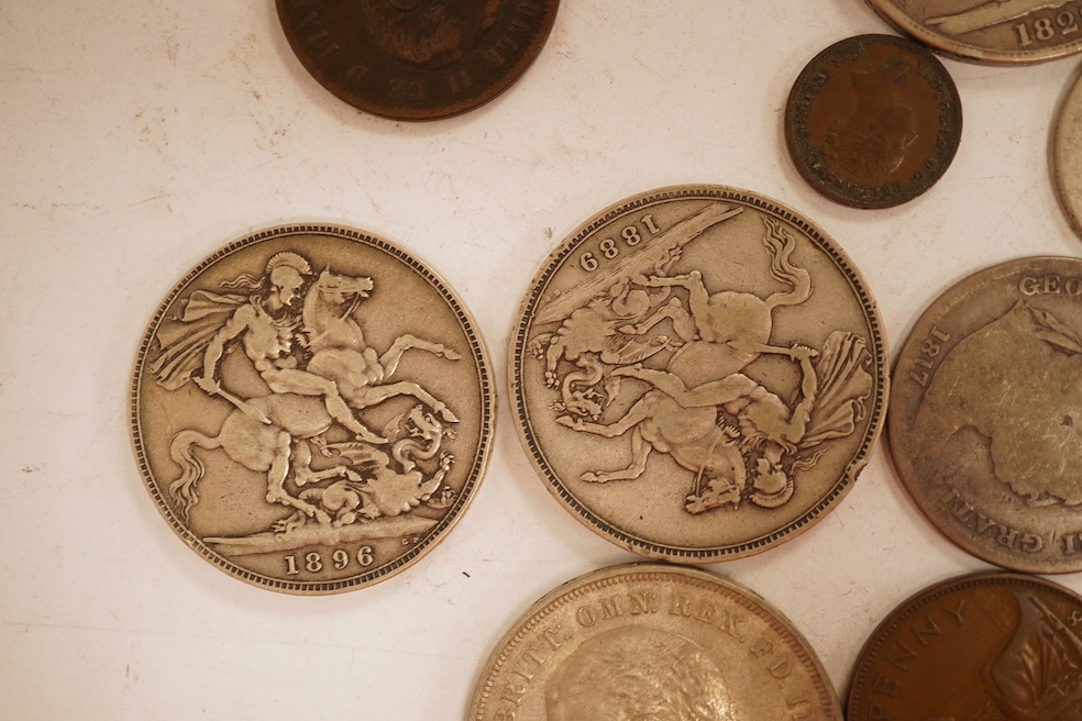 British coins, including silver crowns, George III, Victoria, George V, Victoria double florins, etc.